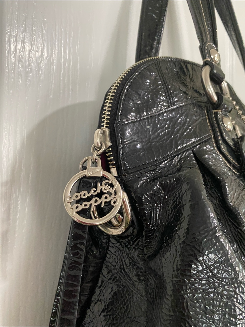 Coach Black Floral Appliqué Leather Satchel Shoulder Bag - Picture 6 of 16